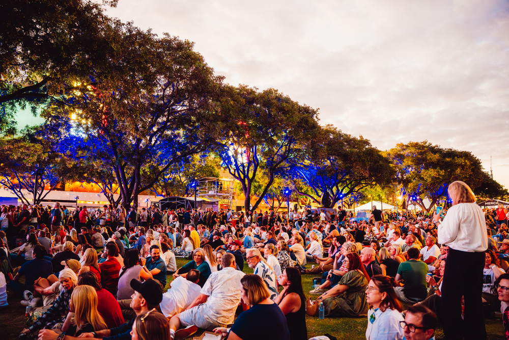 Festival atmosphere on the riverside forecourt at On the Banks, 2026 season